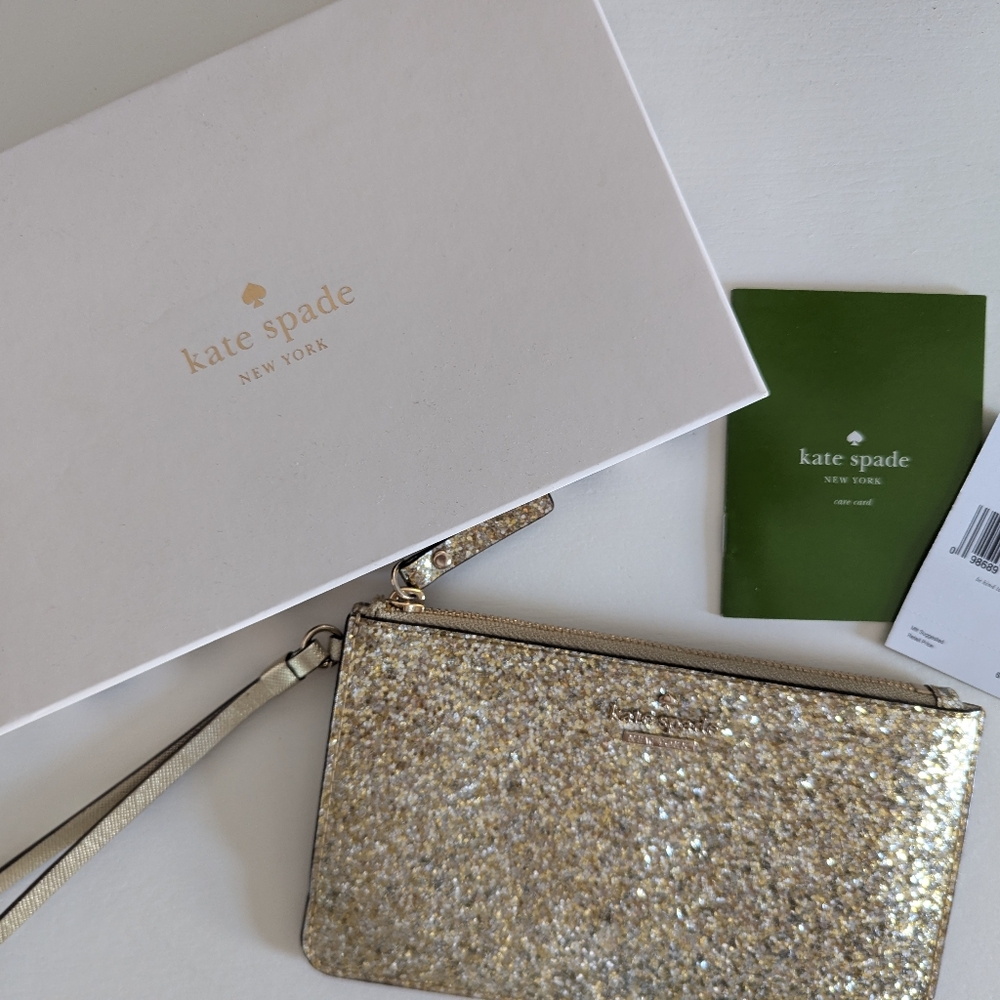 Kate Spade gold glitter wristlete/clutch/purse with original box and tags